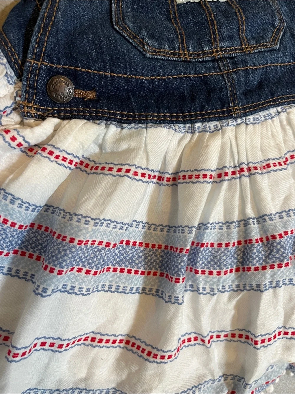 OshKosh B'gosh Denim Overall Dress - Navy, White & Red Accents 9-12M Lined